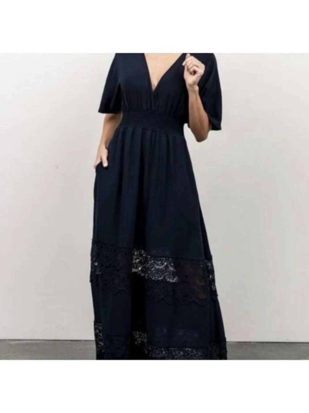Baltic Born Women XXL Vera Maxi Dress V Neck Crochet Boho Navy Blue Flutter Flow